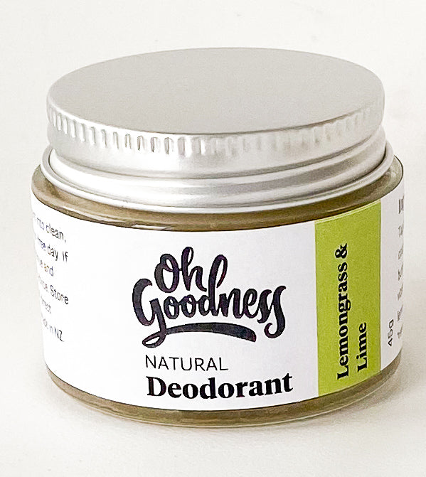 Natural deodorant in Lemongrass & Lime in a glass jar.