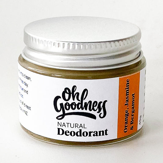 Natural deodorant in Orange, jasmine & bergamot in a glass jar. 